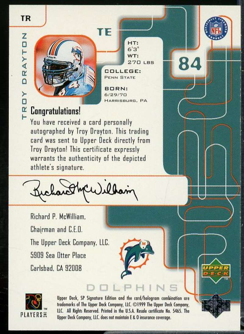 Troy Drayton Card 1999 SP Signature Autographs #TR  Image 2