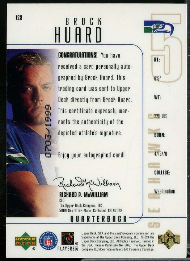 Brock Huard AU Rookie Card 1999 SPx #128  Image 2
