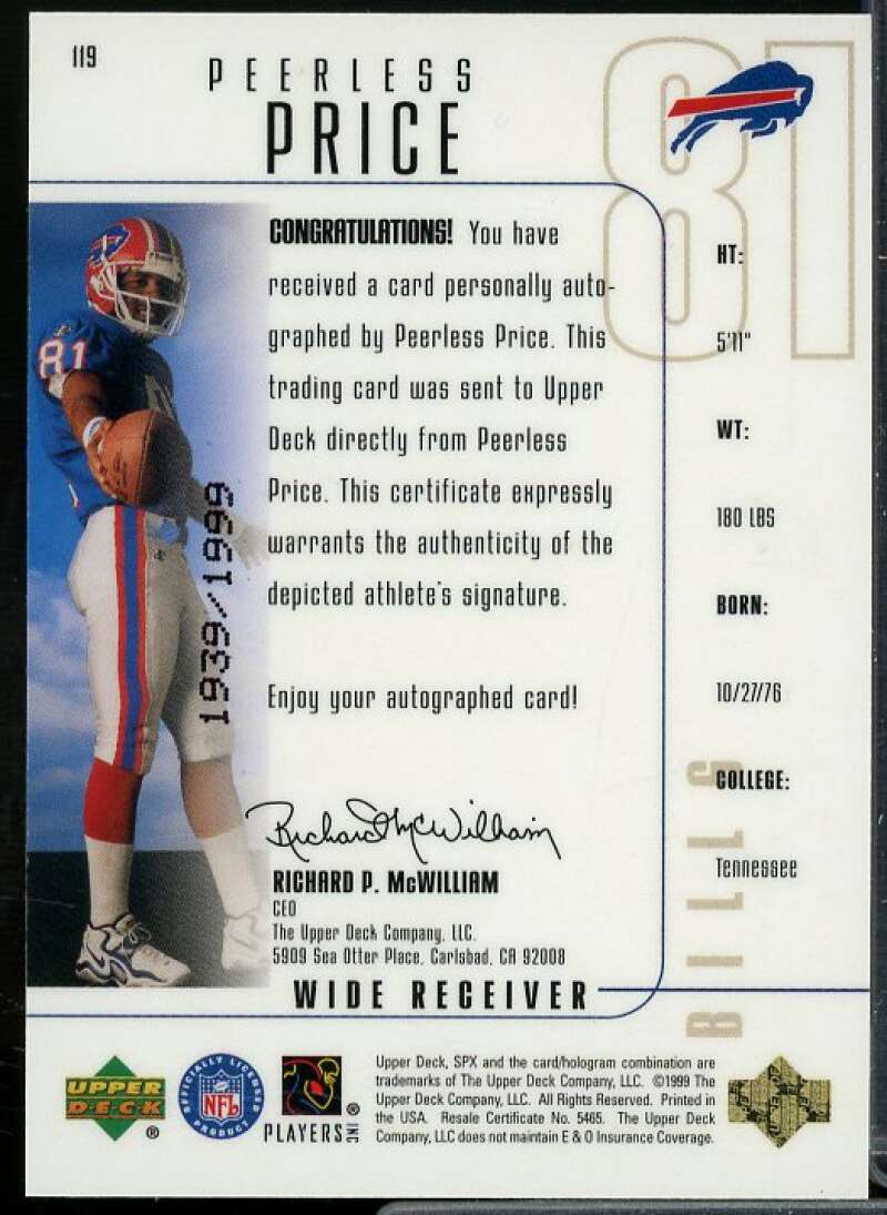 Peerless Price AU Rookie Card 1999 SPx #119  Image 2