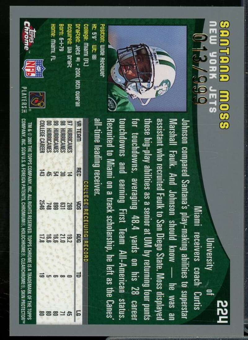 Santana Moss Rookie Card 2001 Topps Chrome #224  Image 2
