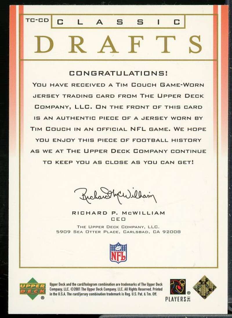 Tim Couch Card 2001 Upper Deck Classic Drafts Jerseys #TCCD  Image 2