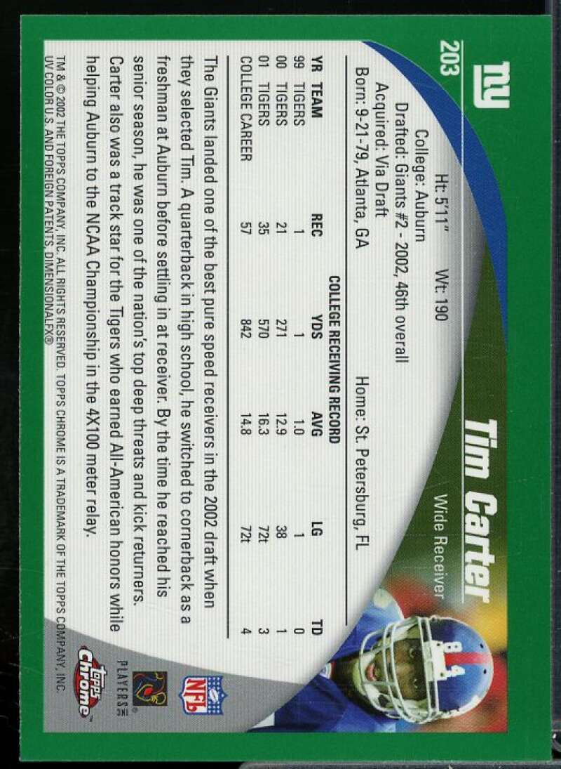 Tim Carter Rookie Card 2002 Topps Chrome #203  Image 2