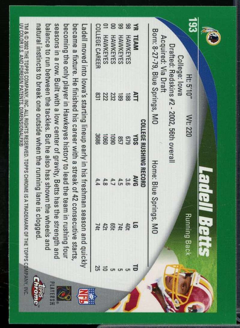 Ladell Betts Rookie Card 2002 Topps Chrome #193  Image 2