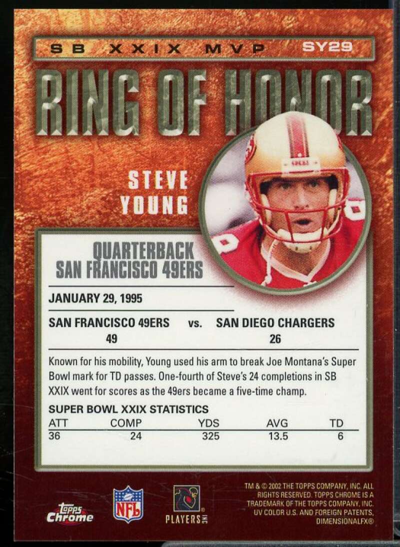 Steve Young Card 2002 Topps Chrome Ring of Honor #SY29  Image 2