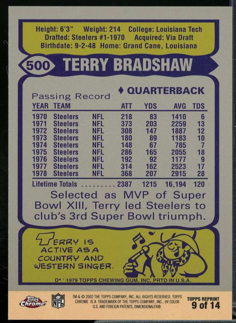 Terry Bradshaw '79 Card 2002 Topps Chrome Terry Bradshaw Reprints #9  Image 2