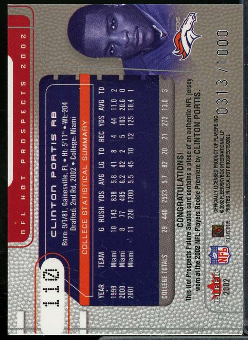 Clinton Portis JSY Rookie Card 2002 Hot Prospects #110  Image 2