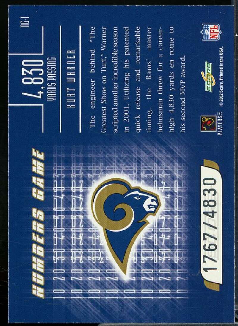 Kurt Warner Card 2002 Score Numbers Game #1  Image 2