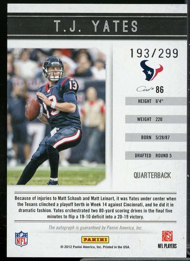 T.J. Yates AU/299 Rookie Card 2011 Panini Playbook #86  Image 2