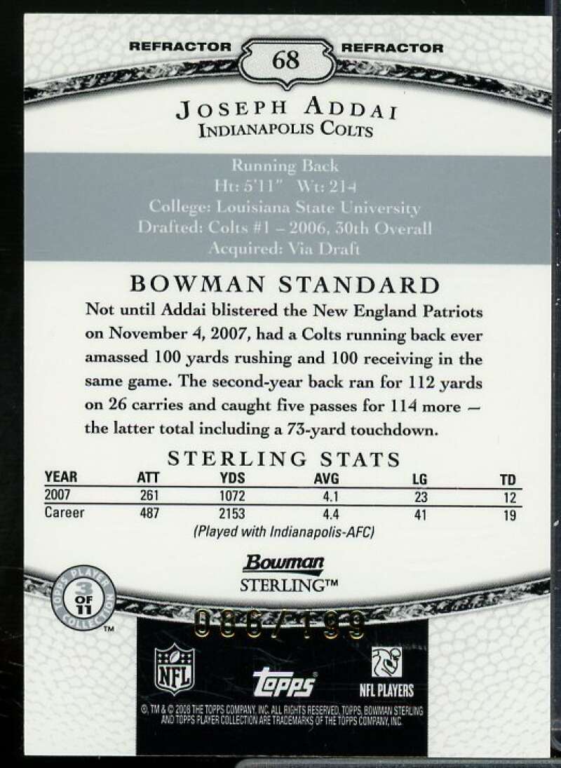 Joseph Addai JSY Card 2008 Bowman Sterling Refractors #68  Image 2