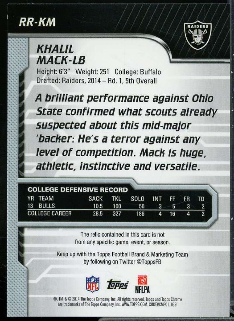 Khalil Mack Rookie Card 2014 Topps Chrome Rookie Relics #RRKM  Image 2