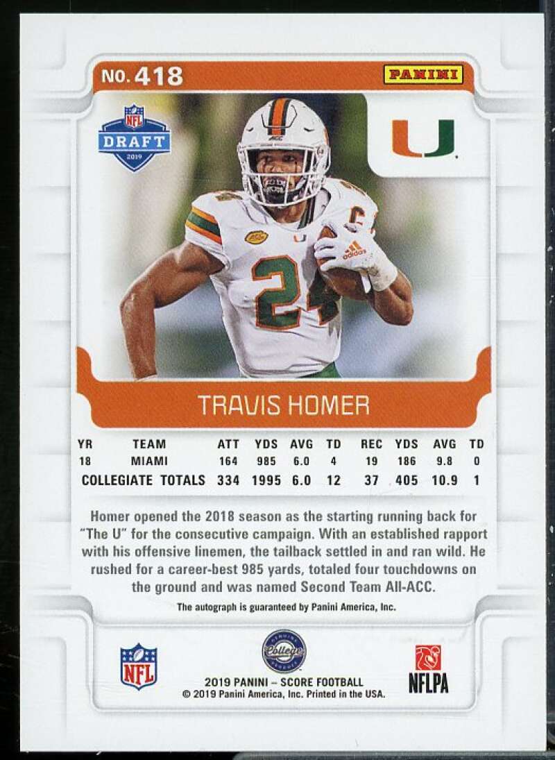 Travis Homer Rookie Card 2019 Score Rookie Autographs #418  Image 2