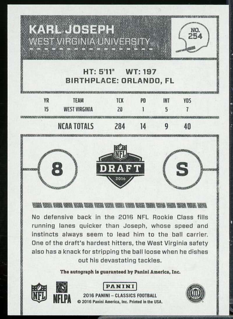 Karl Joseph Rookie Card 2016 Classics Significant Signatures Bronze #254  Image 2