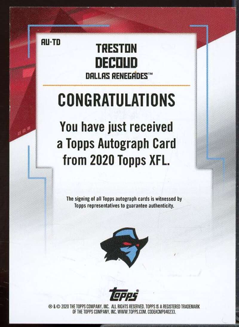 Treston Decoud Rookie Card 2020 Topps XFL Autographs #AU-TD  Image 2