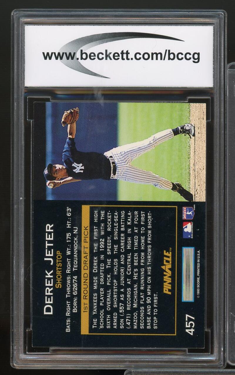 1993 Pinnacle #457 Derek Jeter Rookie Card BGS BCCG 9 Near Mint+ Image 2