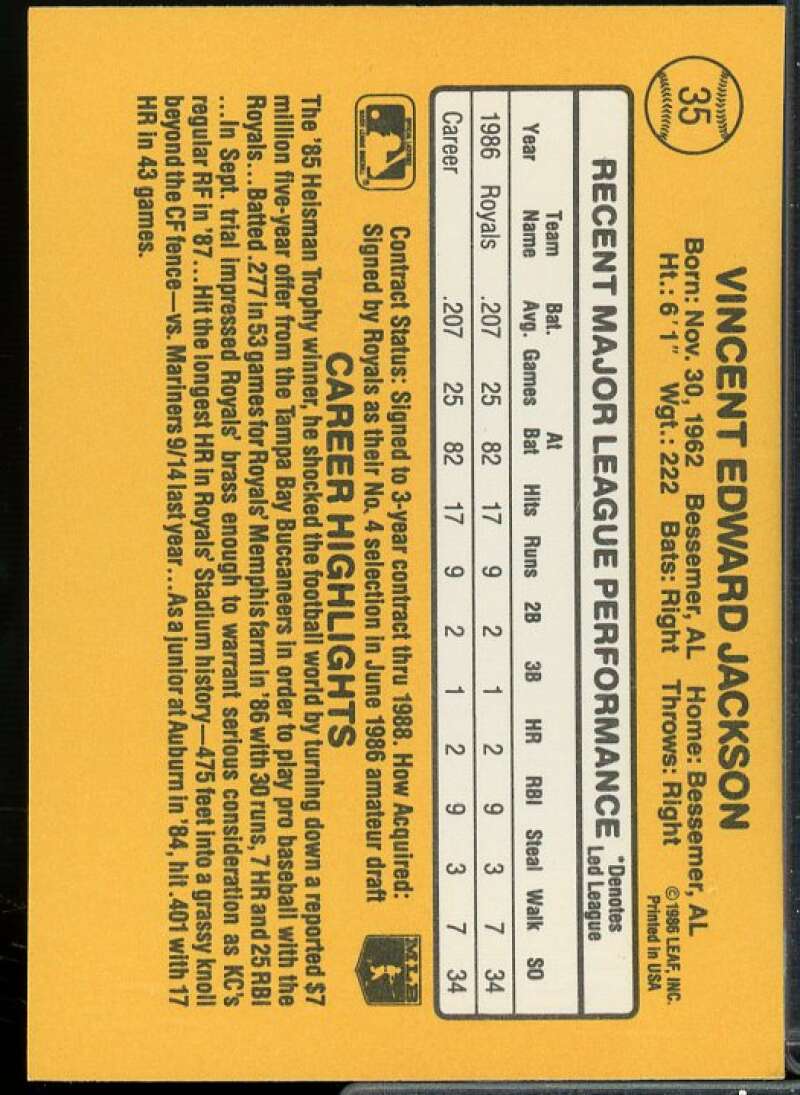 Bo Jackson Rookie Card 1987 Donruss #35  Image 2