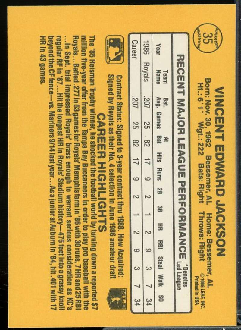 Bo Jackson Rookie Card 1987 Donruss #35  Image 2