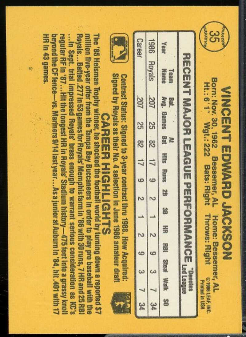 Bo Jackson Rookie Card 1987 Donruss #35  Image 2