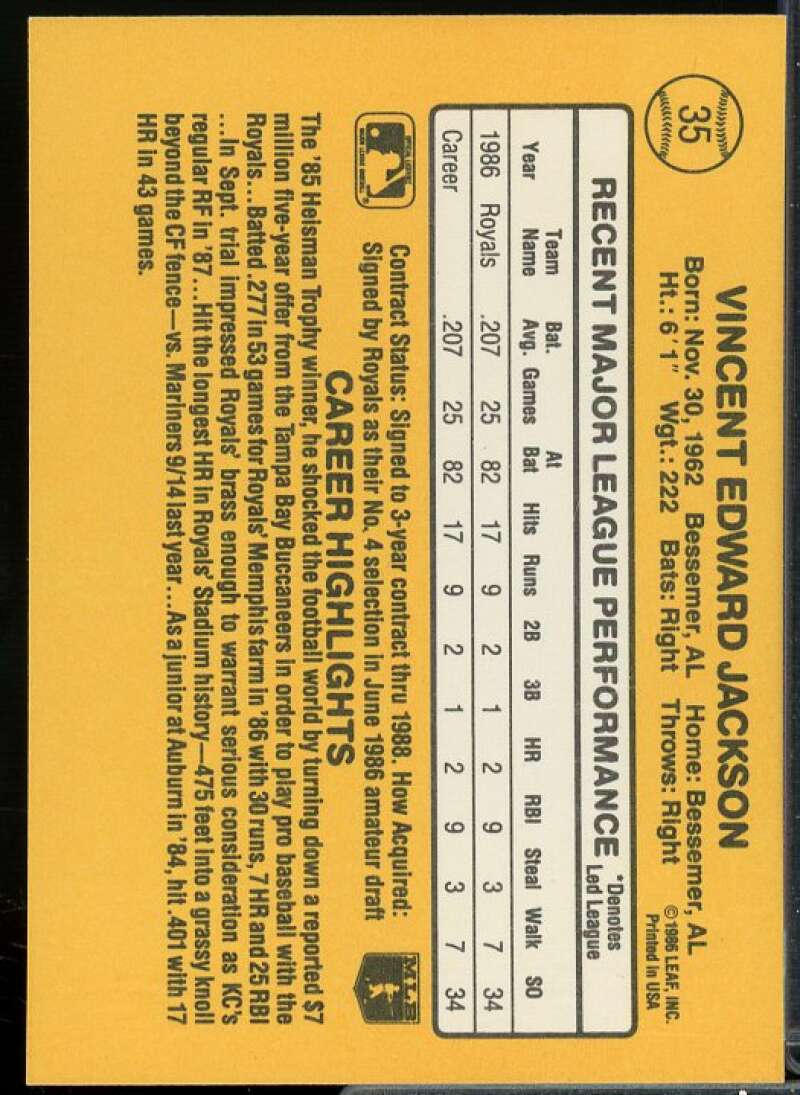 Bo Jackson Rookie Card 1987 Donruss #35  Image 2