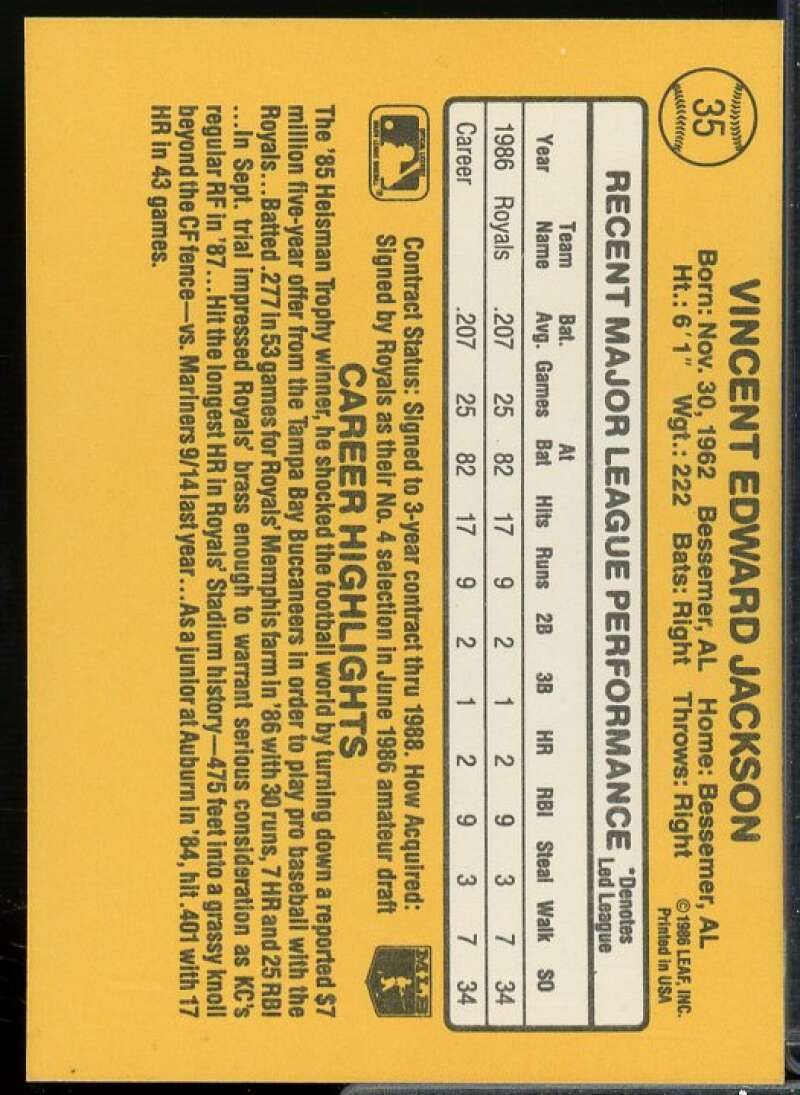 Bo Jackson Rookie Card 1987 Donruss #35  Image 2