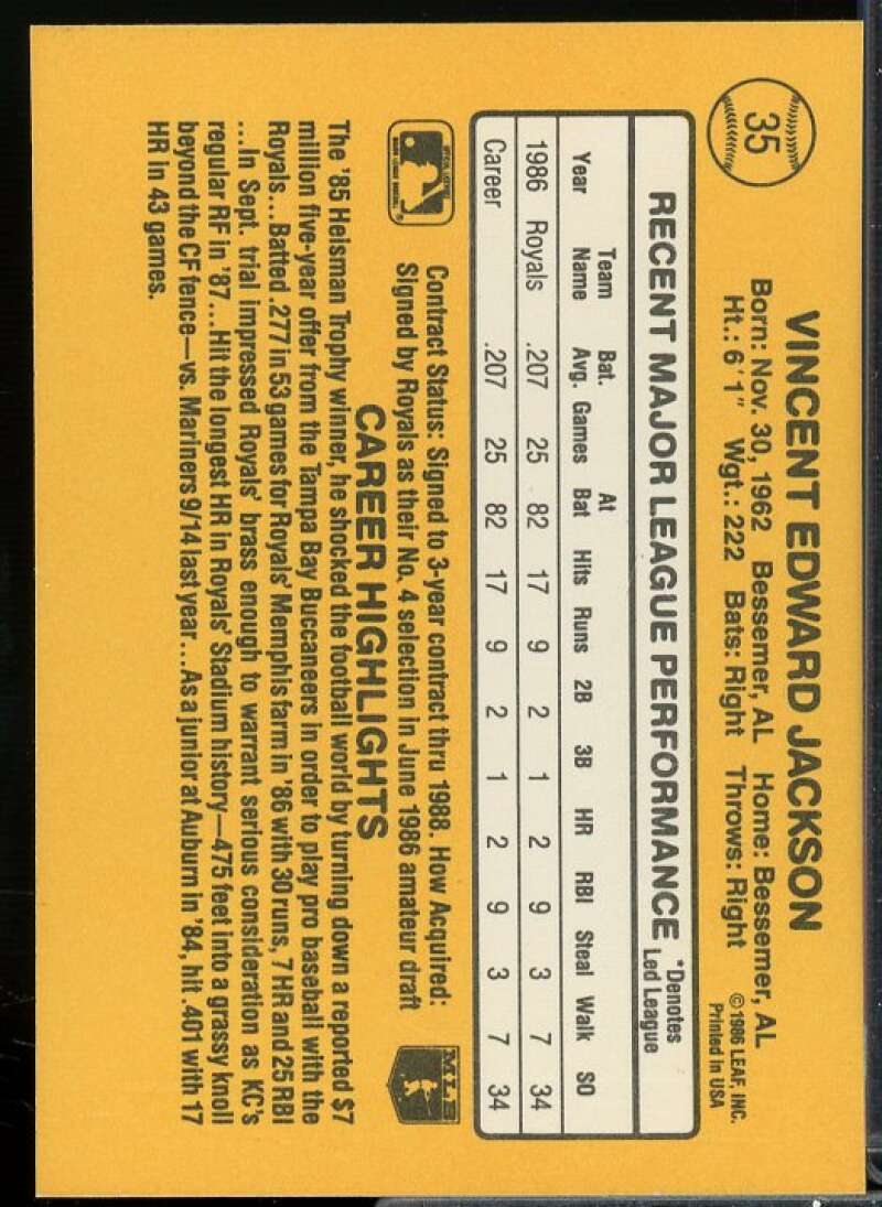 Bo Jackson Rookie Card 1987 Donruss #35  Image 2