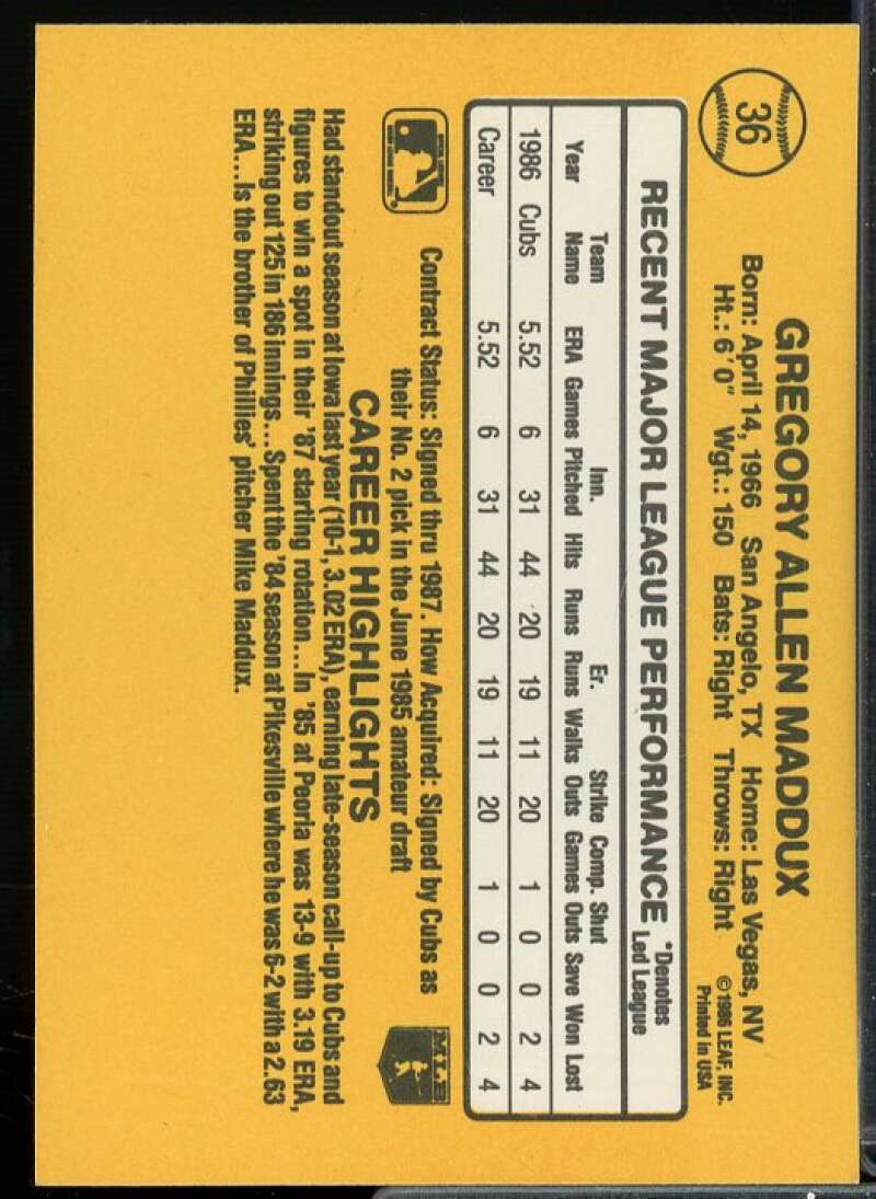 Greg Maddux Rookie Card 1987 Donruss #36  Image 2