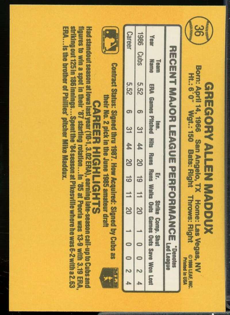 Greg Maddux Rookie Card 1987 Donruss #36  Image 2