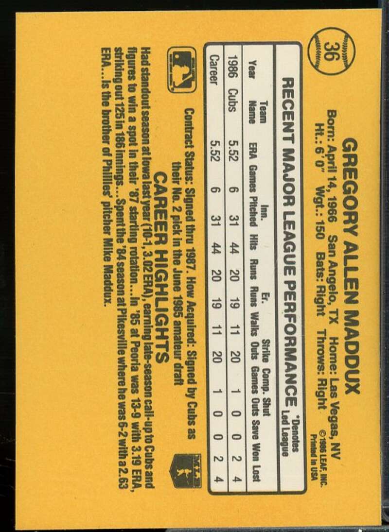 Greg Maddux Rookie Card 1987 Donruss #36  Image 2