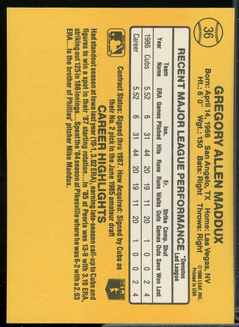 Greg Maddux Rookie Card 1987 Donruss #36  Image 2