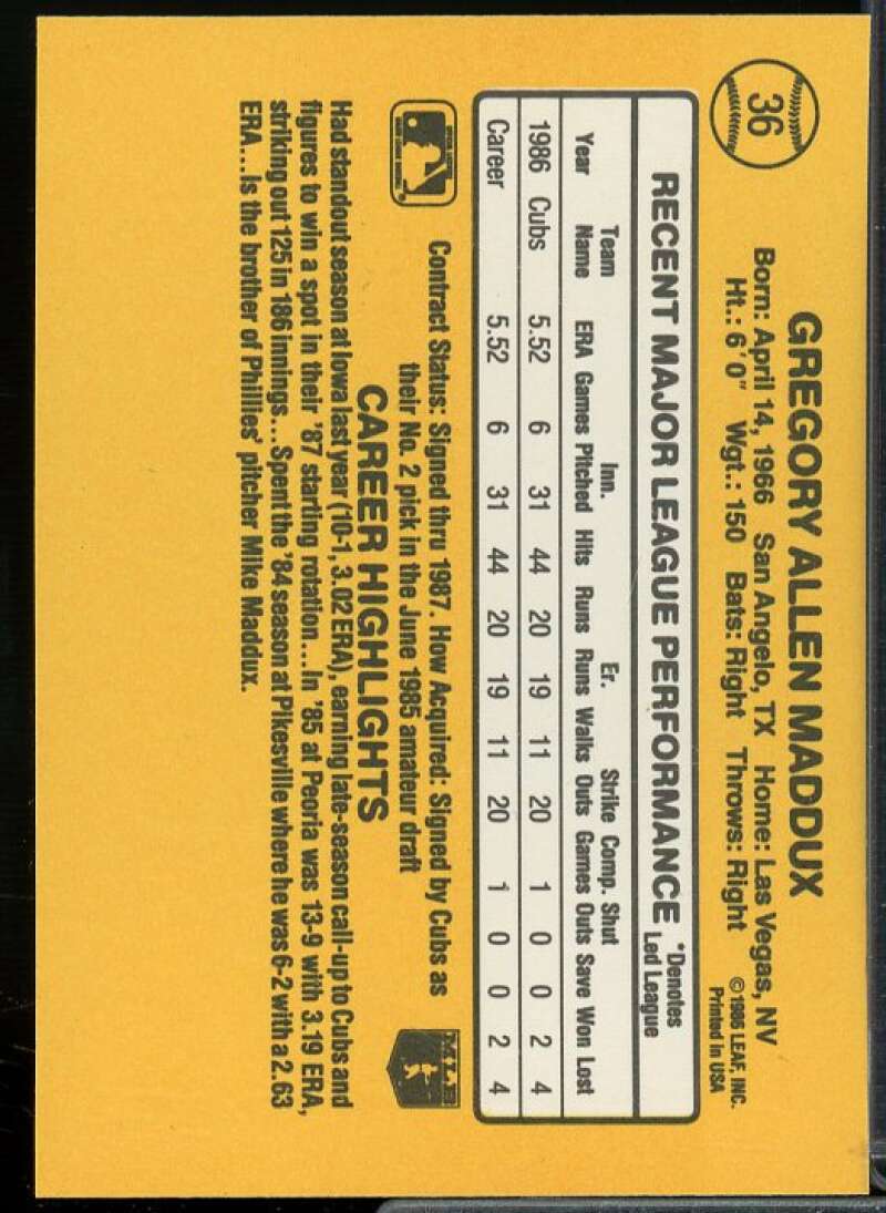 Greg Maddux Rookie Card 1987 Donruss #36  Image 2