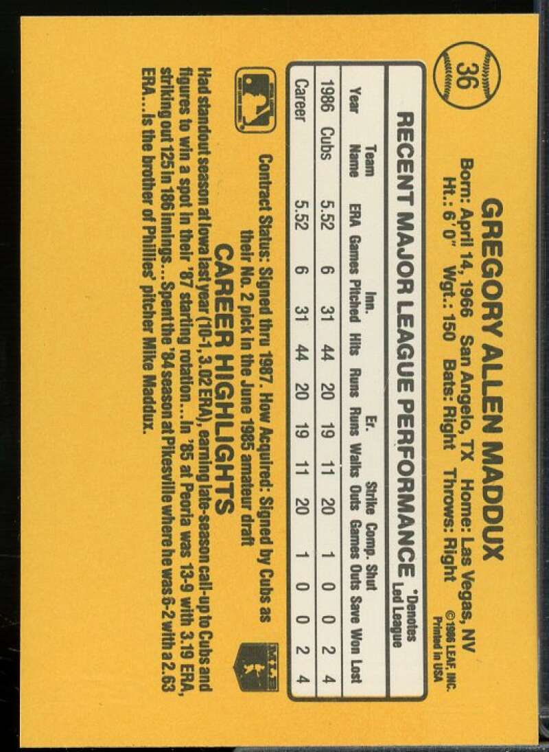Greg Maddux Rookie Card 1987 Donruss #36  Image 2