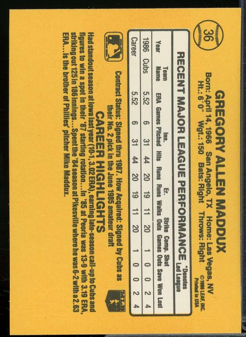Greg Maddux Rookie Card 1987 Donruss #36  Image 2