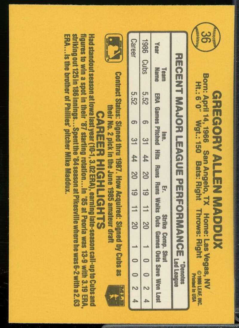 Greg Maddux Rookie Card 1987 Donruss #36  Image 2