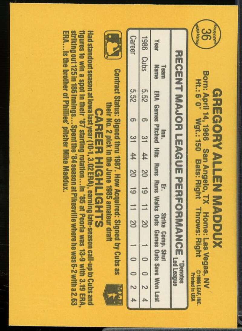 Greg Maddux Rookie Card 1987 Donruss #36  Image 2