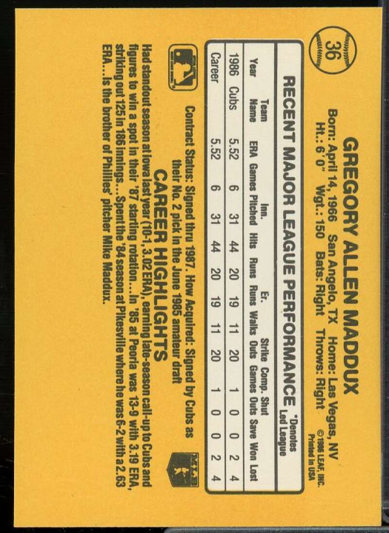 Greg Maddux Rookie Card 1987 Donruss #36  Image 2