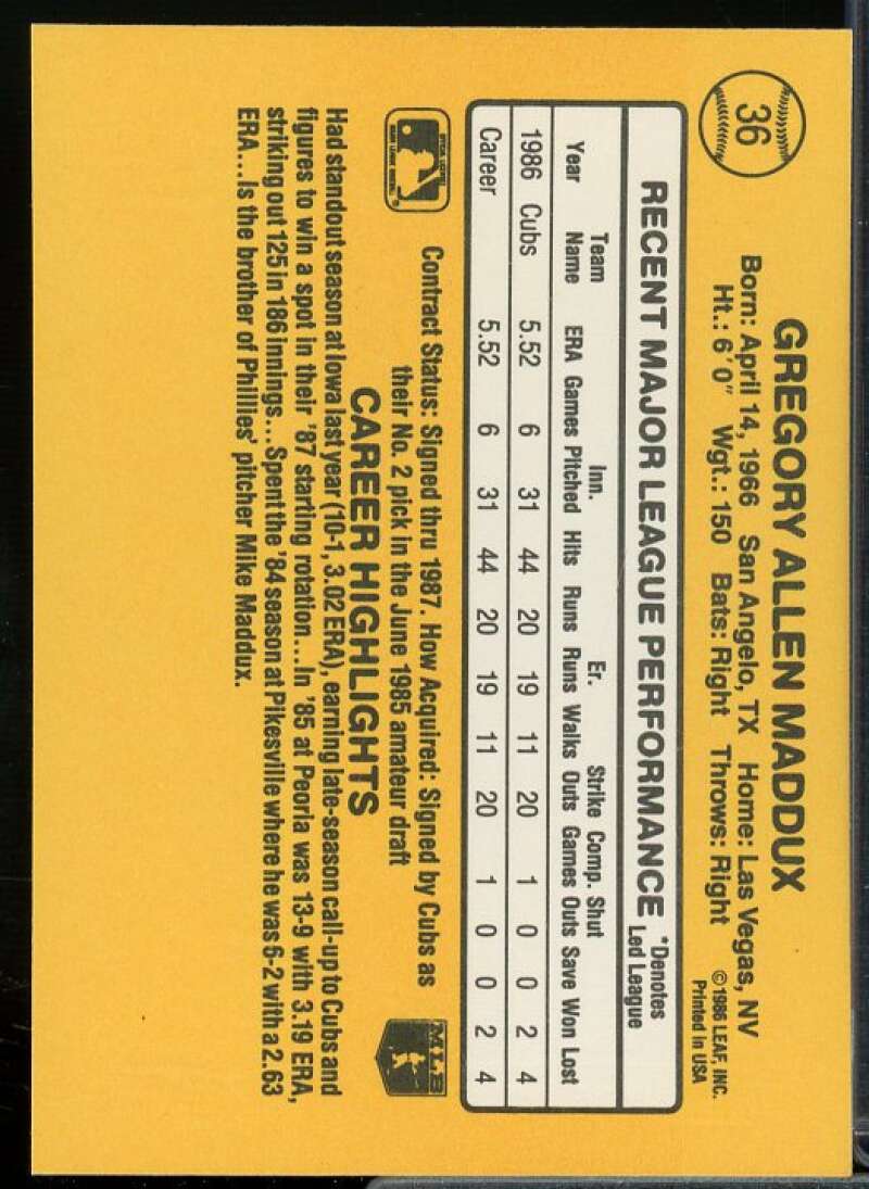 Greg Maddux Rookie Card 1987 Donruss #36  Image 2