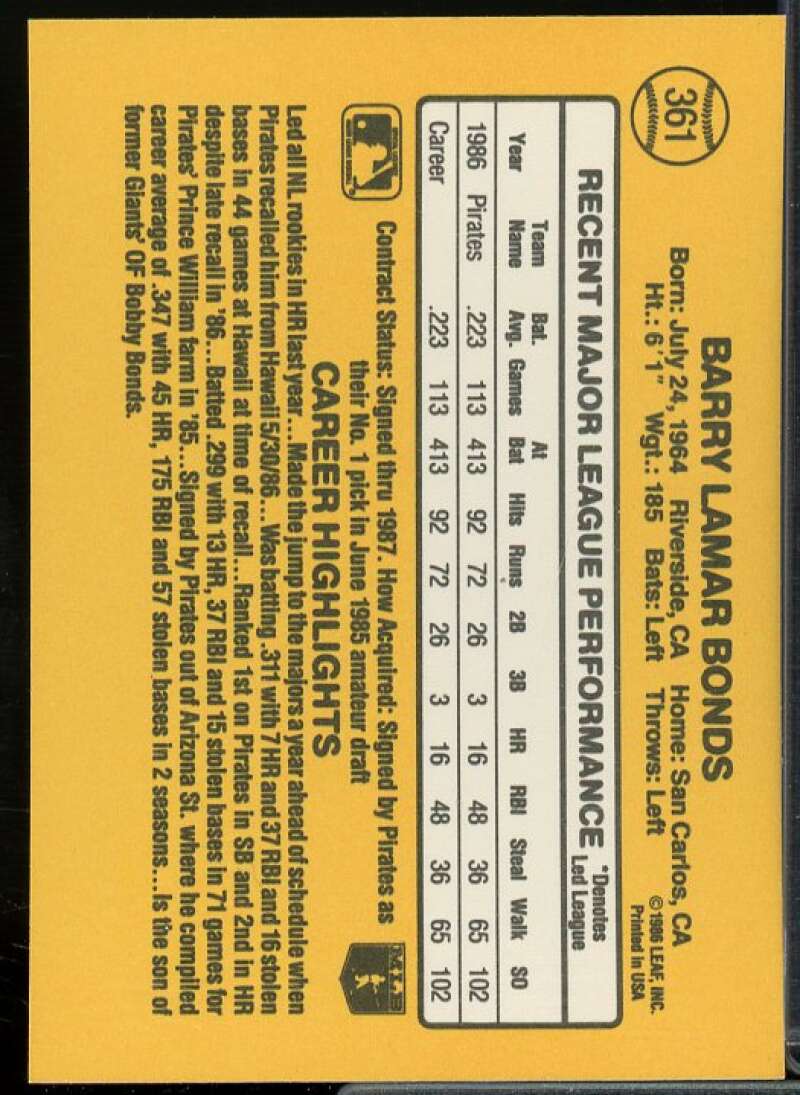 Barry Bonds Rookie Card 1987 Donruss #361  Image 2