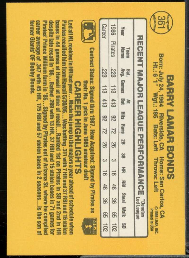 Barry Bonds Rookie Card 1987 Donruss #361  Image 2