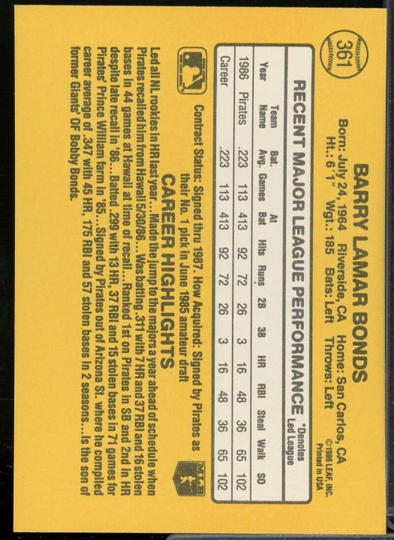 Barry Bonds Rookie Card 1987 Donruss #361  Image 2