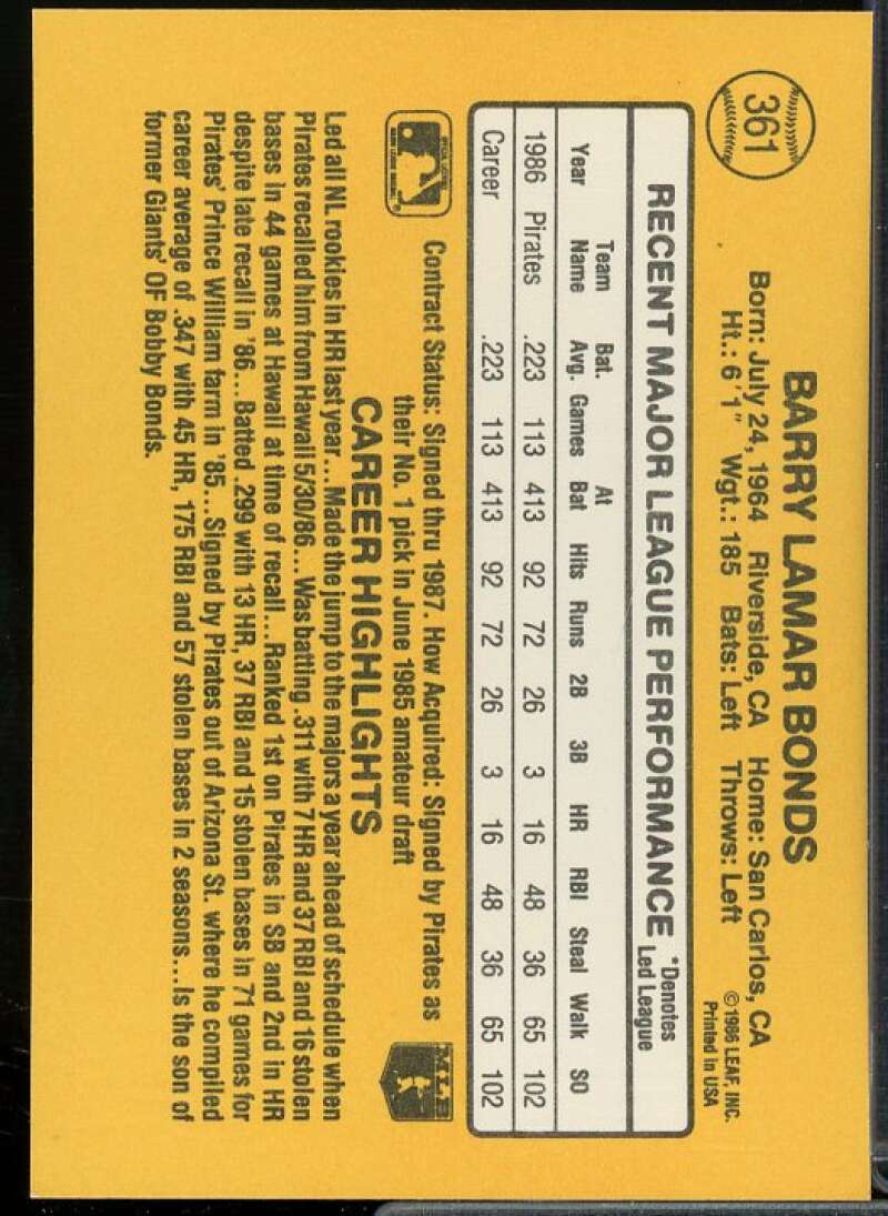 Barry Bonds Rookie Card 1987 Donruss #361  Image 2