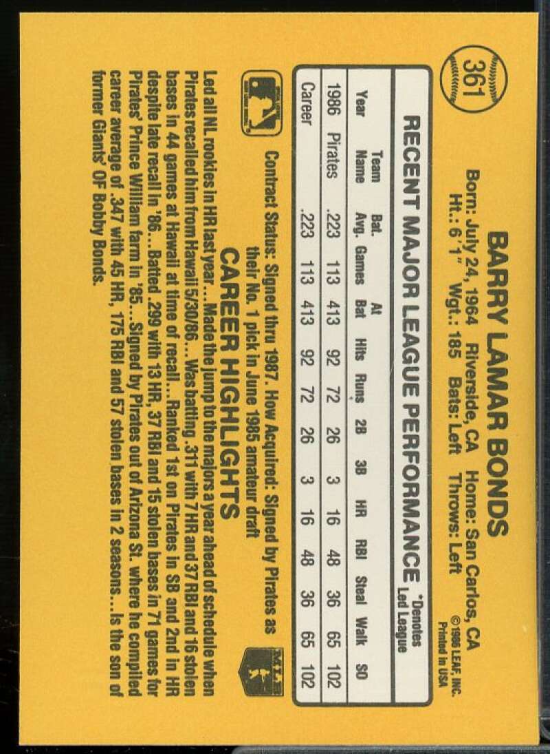 Barry Bonds Rookie Card 1987 Donruss #361  Image 2