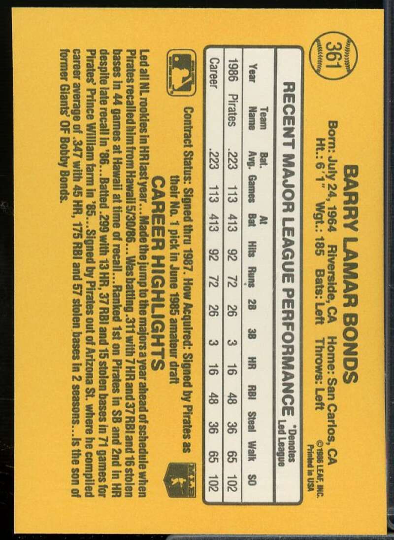 Barry Bonds Rookie Card 1987 Donruss #361  Image 2