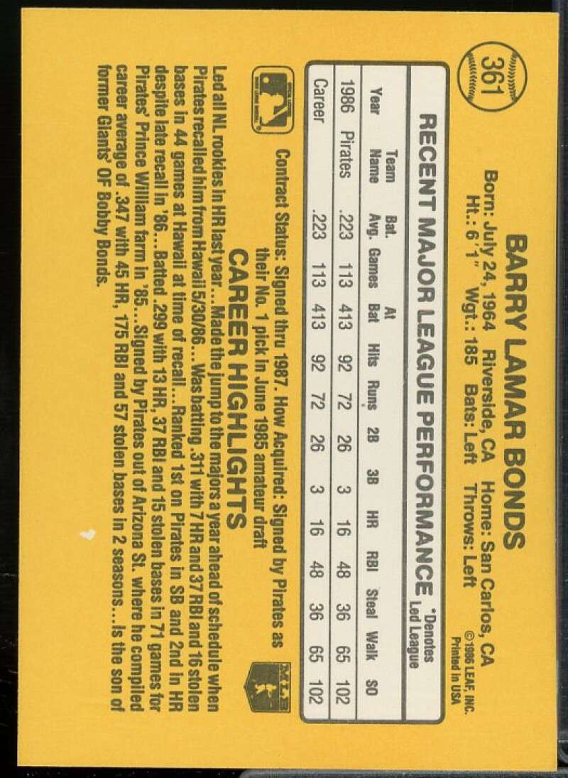 Barry Bonds Rookie Card 1987 Donruss #361  Image 2