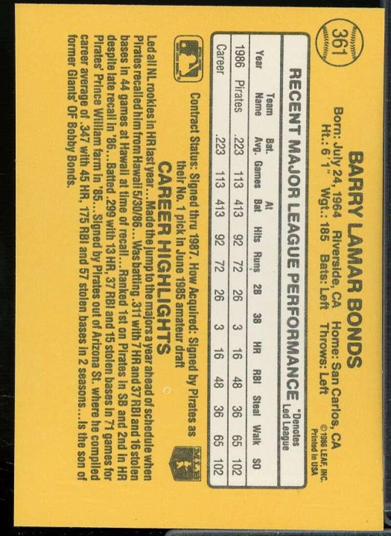 Barry Bonds Rookie Card 1987 Donruss #361  Image 2