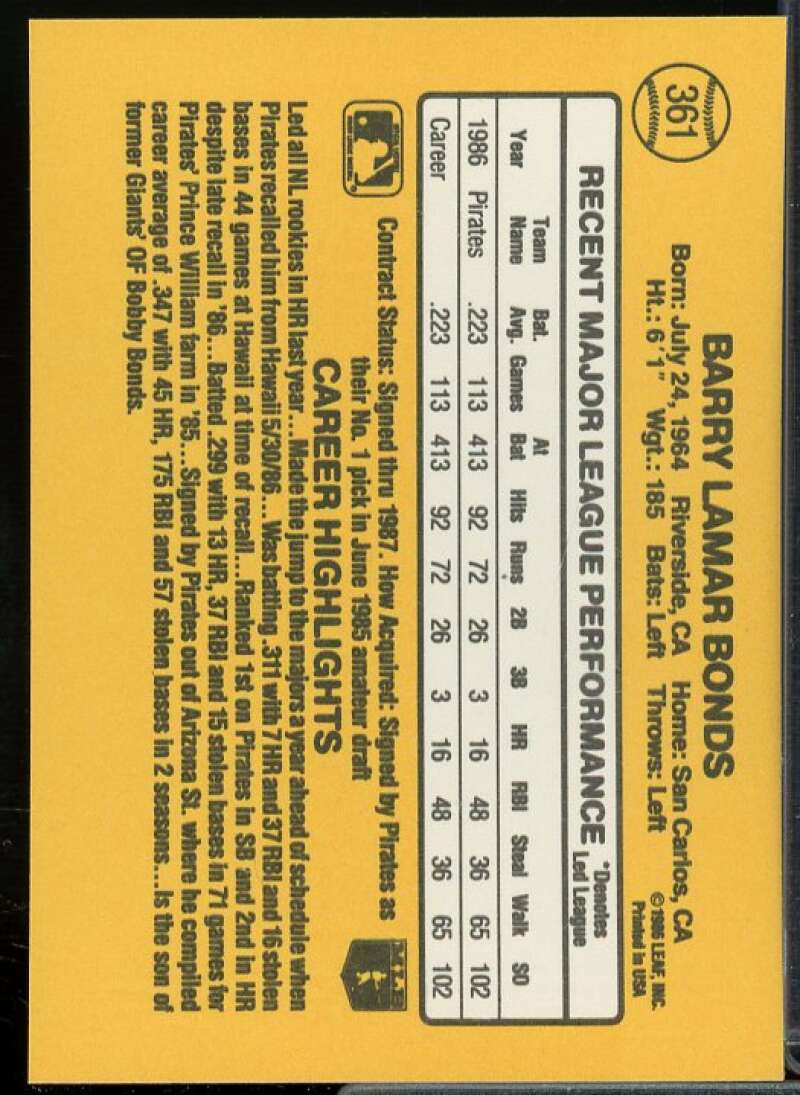Barry Bonds Rookie Card 1987 Donruss #361  Image 2