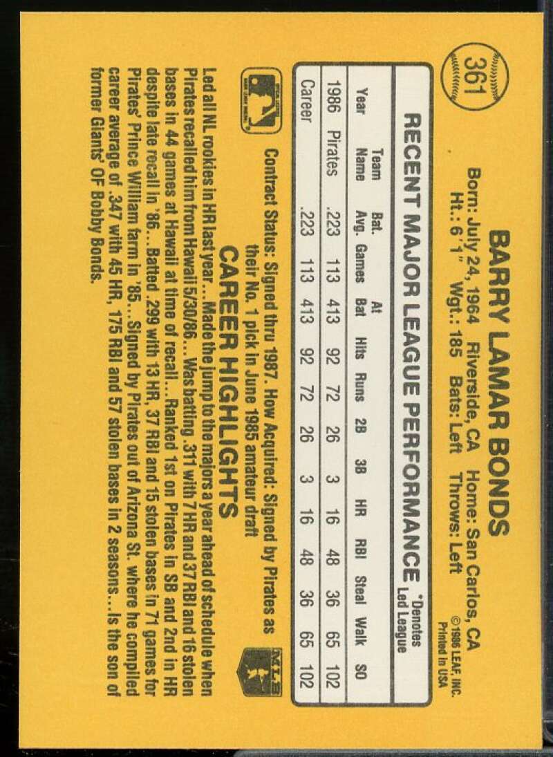 Barry Bonds Rookie Card 1987 Donruss #361  Image 2