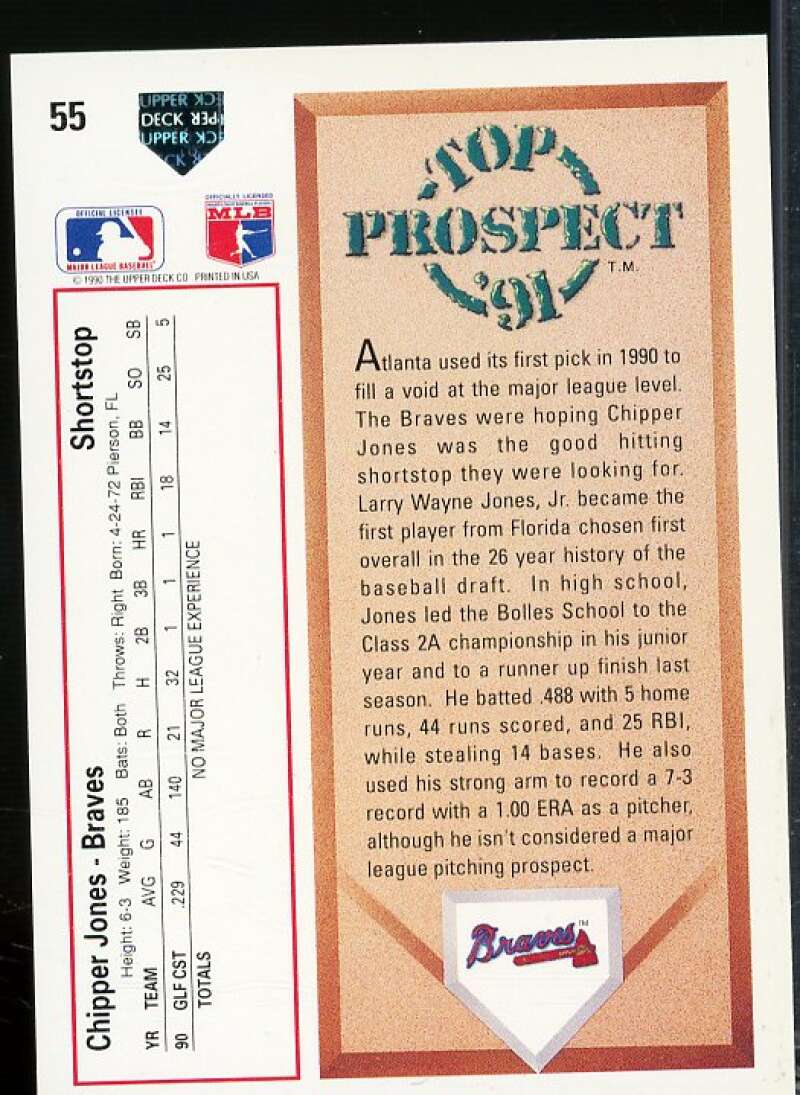Chipper Jones Rookie Card 1991 Upper Deck #55  Image 2