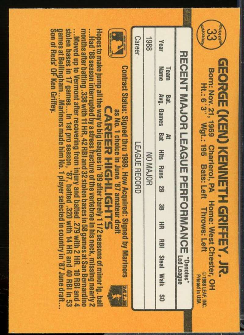 Ken Griffey Jr. Rookie Card 1989 Donruss #33  Image 2