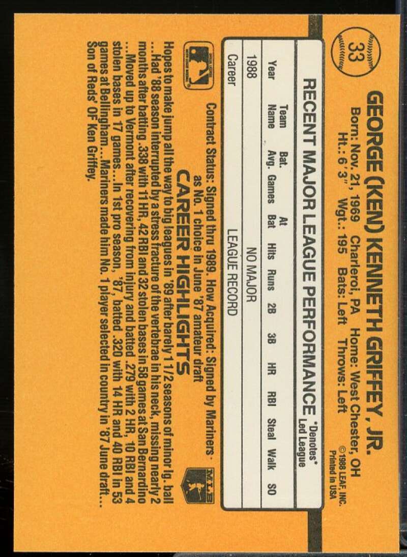 Ken Griffey Jr. Rookie Card 1989 Donruss #33  Image 2
