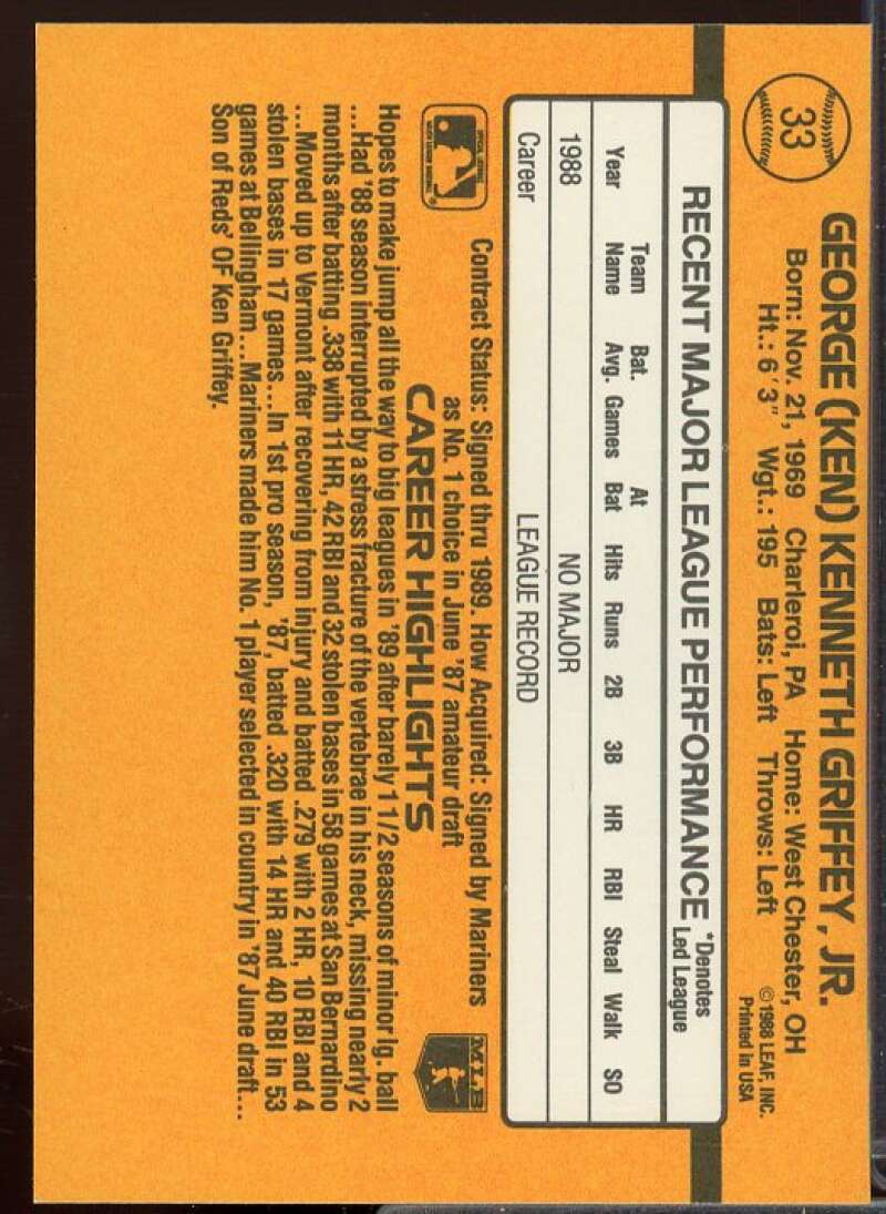 Ken Griffey Jr. Rookie Card 1989 Donruss #33  Image 2