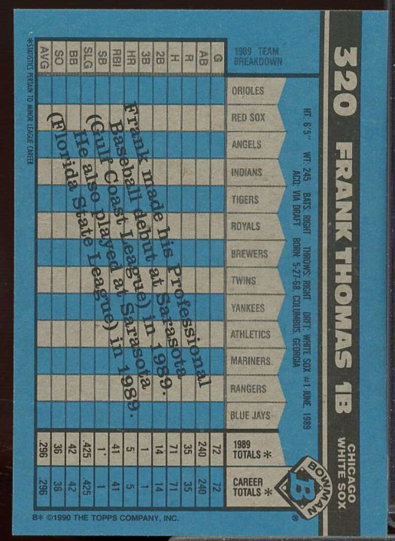 Frank Thomas Rookie Card 1990 Bowman #320  Image 2